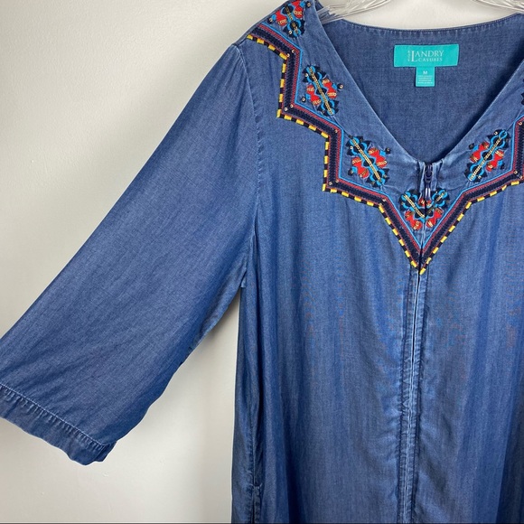 Aztec Chambray Zip Front Embroidered Maxi Dress House Lounger Dress Size M - Picture 5 of 12